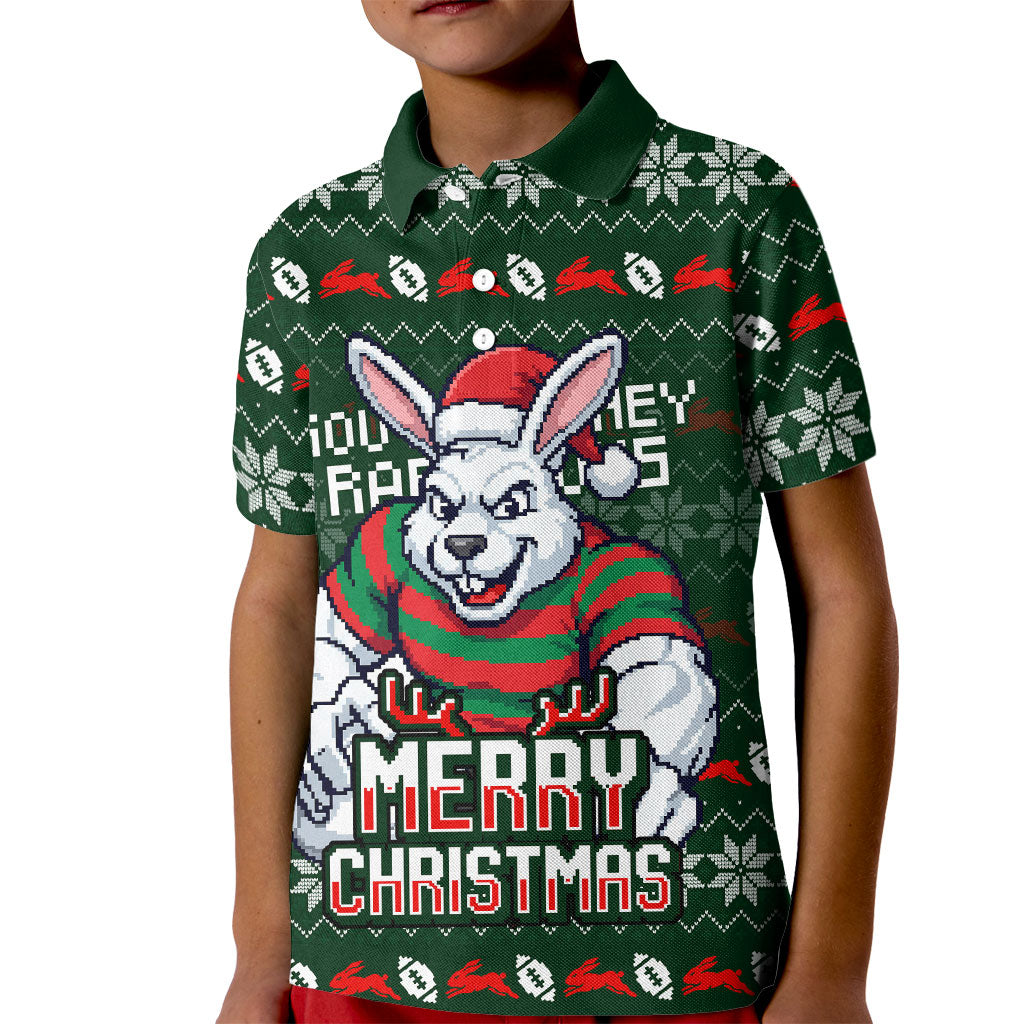 Personalized South Sydney Rabbitohs Christmas Kid Polo Shirt Australian Rugby Fans - Pixelated Ugly Xmas Pattern Mascot Santa