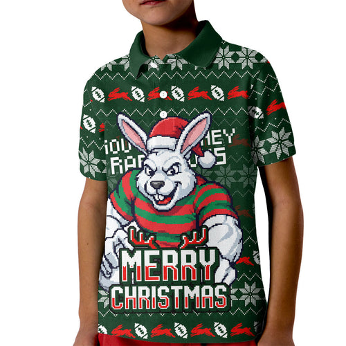 Personalized South Sydney Rabbitohs Christmas Kid Polo Shirt Australian Rugby Fans - Pixelated Ugly Xmas Pattern Mascot Santa