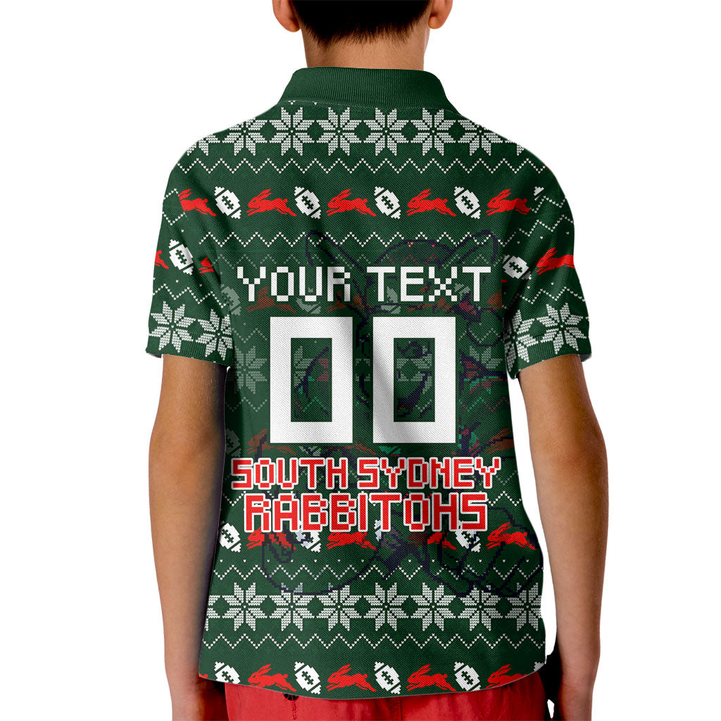 Personalized South Sydney Rabbitohs Christmas Kid Polo Shirt Australian Rugby Fans - Pixelated Ugly Xmas Pattern Mascot Santa