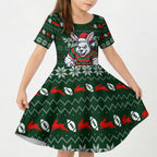 Personalized South Sydney Rabbitohs Christmas Kid Short Sleeve Dress Australian Rugby Fans - Pixelated Ugly Xmas Pattern Mascot Santa