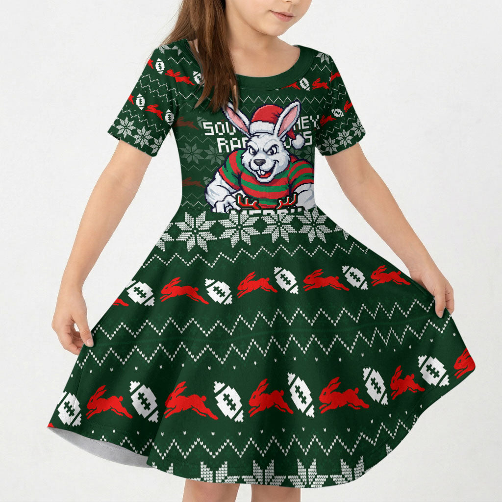 Personalized South Sydney Rabbitohs Christmas Kid Short Sleeve Dress Australian Rugby Fans - Pixelated Ugly Xmas Pattern Mascot Santa