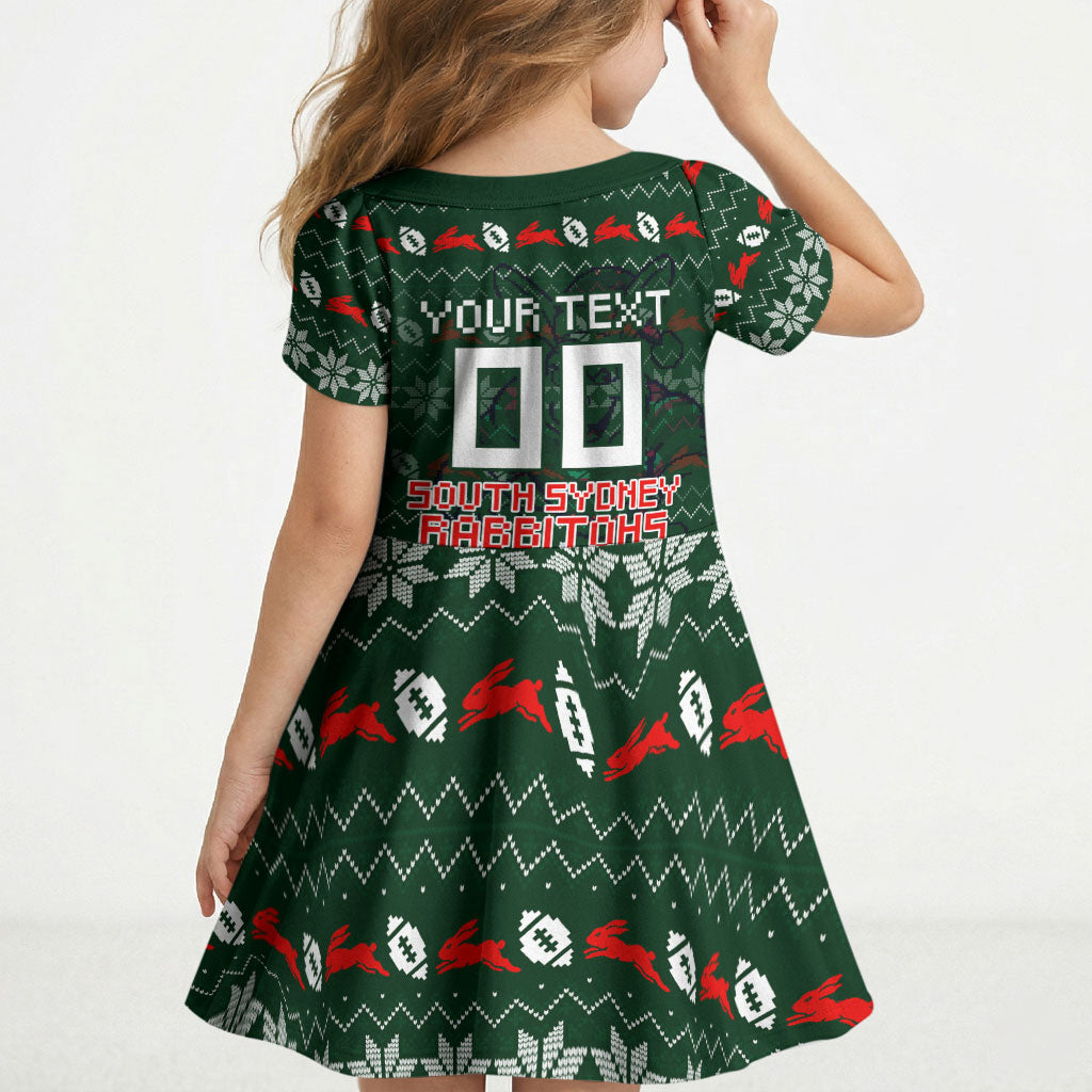 Personalized South Sydney Rabbitohs Christmas Kid Short Sleeve Dress Australian Rugby Fans - Pixelated Ugly Xmas Pattern Mascot Santa