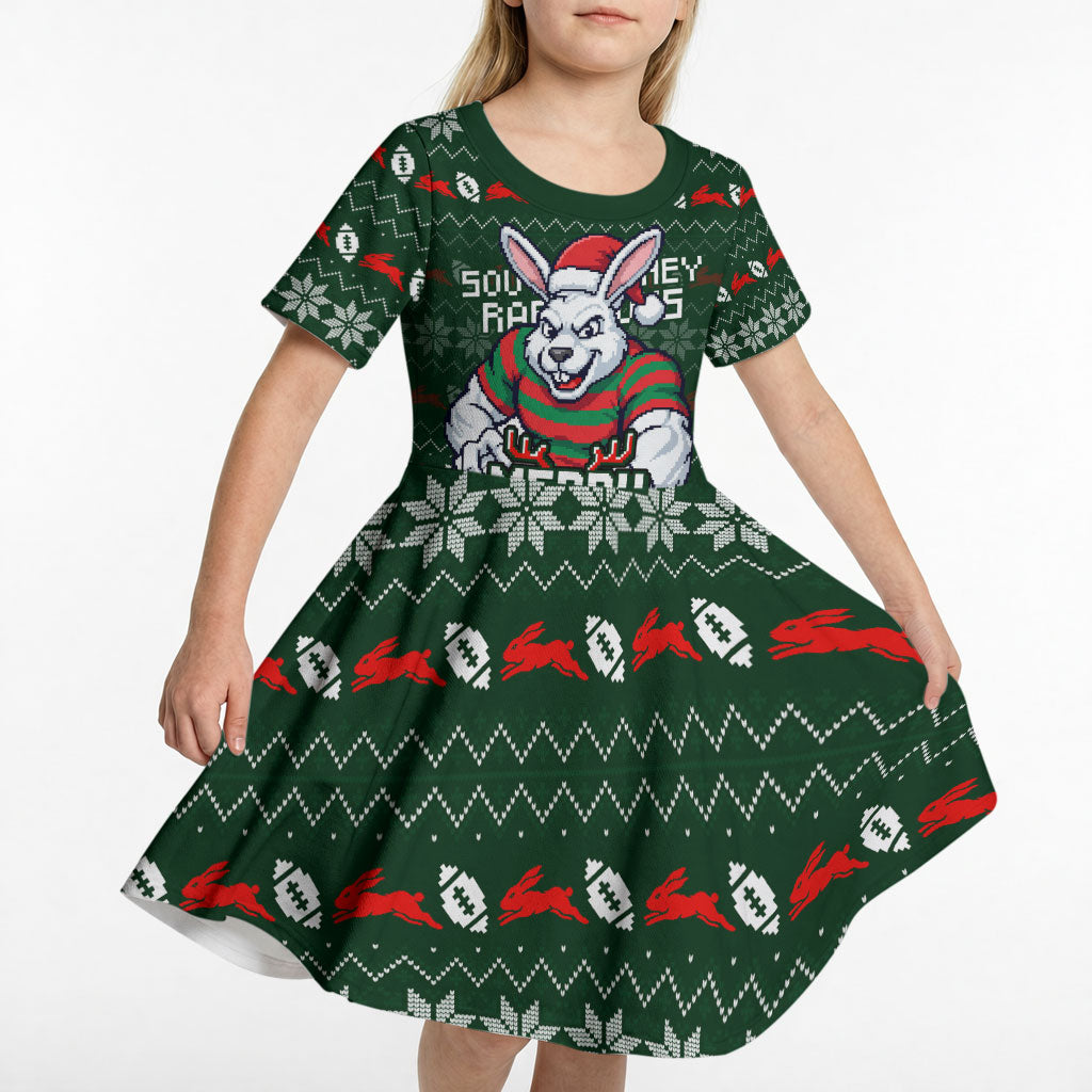 Personalized South Sydney Rabbitohs Christmas Kid Short Sleeve Dress Australian Rugby Fans - Pixelated Ugly Xmas Pattern Mascot Santa