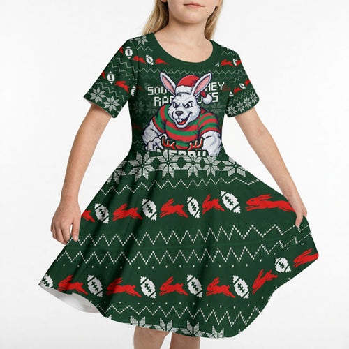 Personalized South Sydney Rabbitohs Christmas Kid Short Sleeve Dress Australian Rugby Fans - Pixelated Ugly Xmas Pattern Mascot Santa