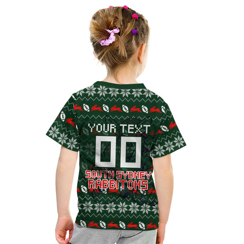 Personalized South Sydney Rabbitohs Christmas Kid T Shirt Australian Rugby Fans - Pixelated Ugly Xmas Pattern Mascot Santa