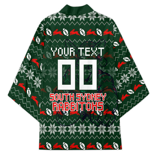 Personalized South Sydney Rabbitohs Christmas Kimono Australian Rugby Fans - Pixelated Ugly Xmas Pattern Mascot Santa