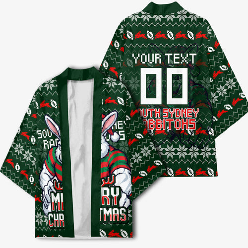 Personalized South Sydney Rabbitohs Christmas Kimono Australian Rugby Fans - Pixelated Ugly Xmas Pattern Mascot Santa