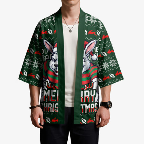 Personalized South Sydney Rabbitohs Christmas Kimono Australian Rugby Fans - Pixelated Ugly Xmas Pattern Mascot Santa