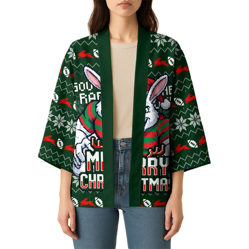 Personalized South Sydney Rabbitohs Christmas Kimono Australian Rugby Fans - Pixelated Ugly Xmas Pattern Mascot Santa
