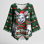 Personalized South Sydney Rabbitohs Christmas Kimono Sleeve Blouse Australian Rugby Fans - Pixelated Ugly Xmas Pattern Mascot Santa