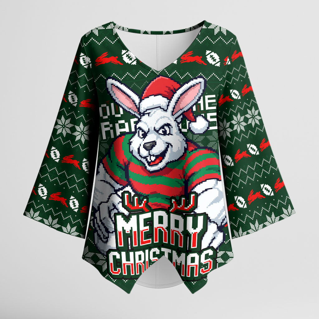 Personalized South Sydney Rabbitohs Christmas Kimono Sleeve Blouse Australian Rugby Fans - Pixelated Ugly Xmas Pattern Mascot Santa