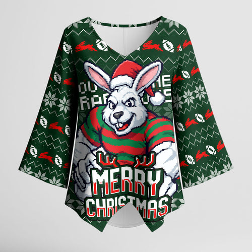 Personalized South Sydney Rabbitohs Christmas Kimono Sleeve Blouse Australian Rugby Fans - Pixelated Ugly Xmas Pattern Mascot Santa