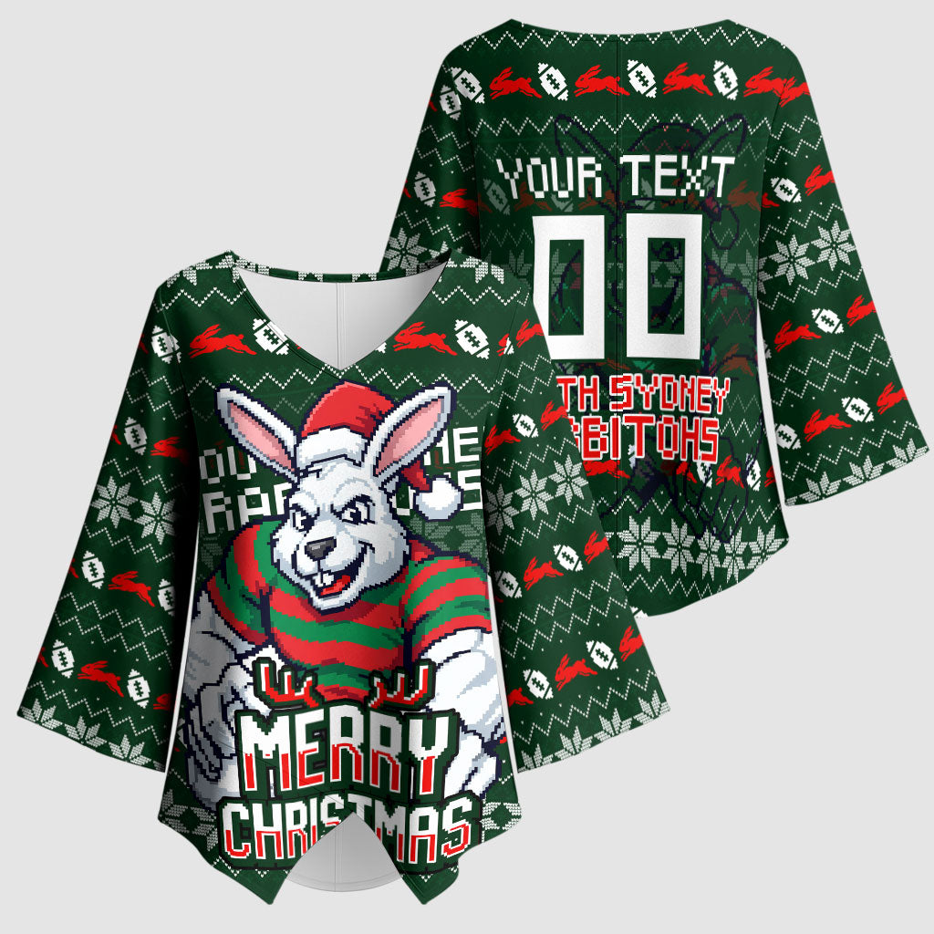 Personalized South Sydney Rabbitohs Christmas Kimono Sleeve Blouse Australian Rugby Fans - Pixelated Ugly Xmas Pattern Mascot Santa