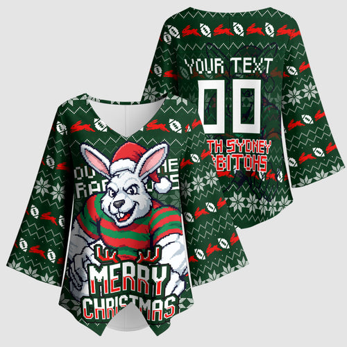 Personalized South Sydney Rabbitohs Christmas Kimono Sleeve Blouse Australian Rugby Fans - Pixelated Ugly Xmas Pattern Mascot Santa