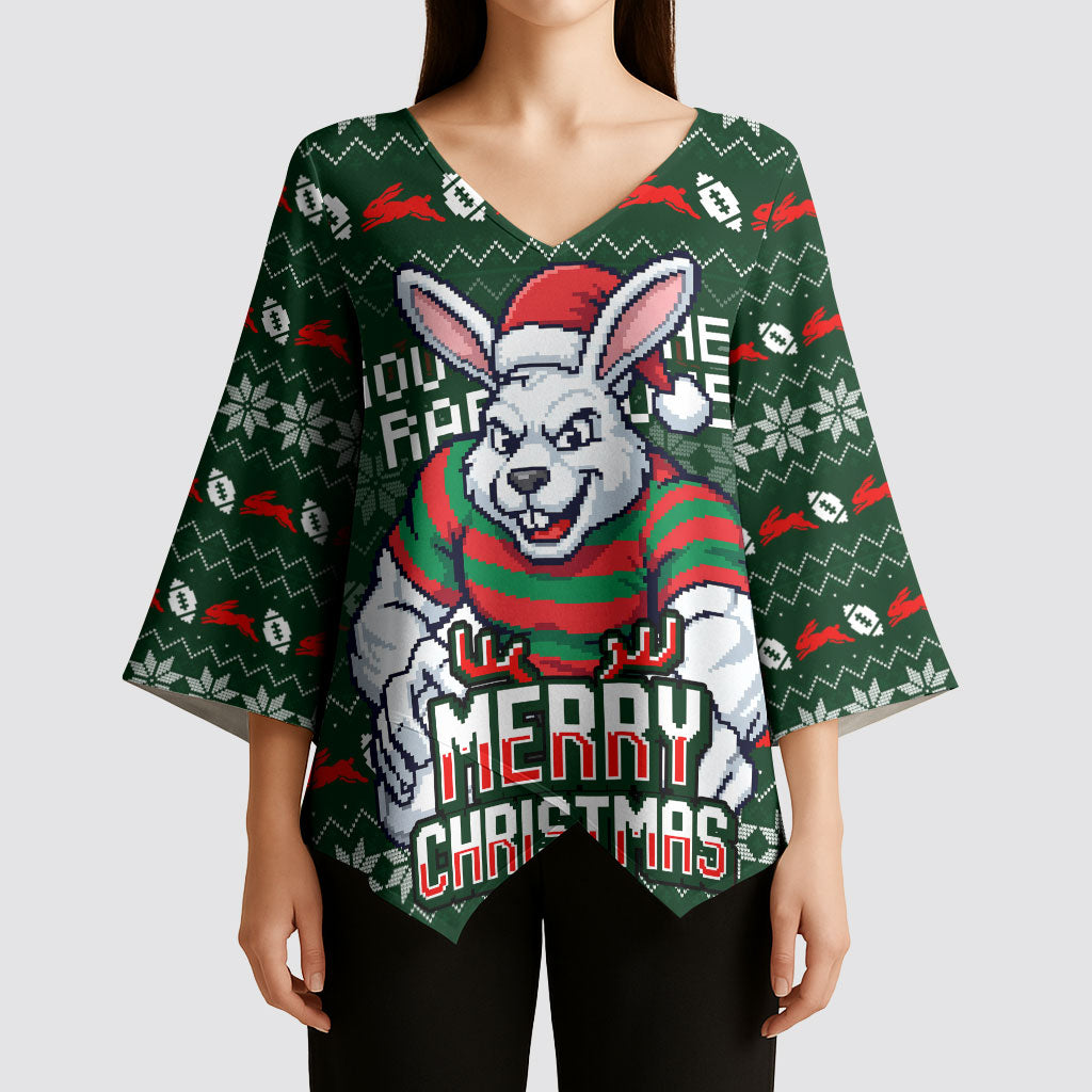 Personalized South Sydney Rabbitohs Christmas Kimono Sleeve Blouse Australian Rugby Fans - Pixelated Ugly Xmas Pattern Mascot Santa