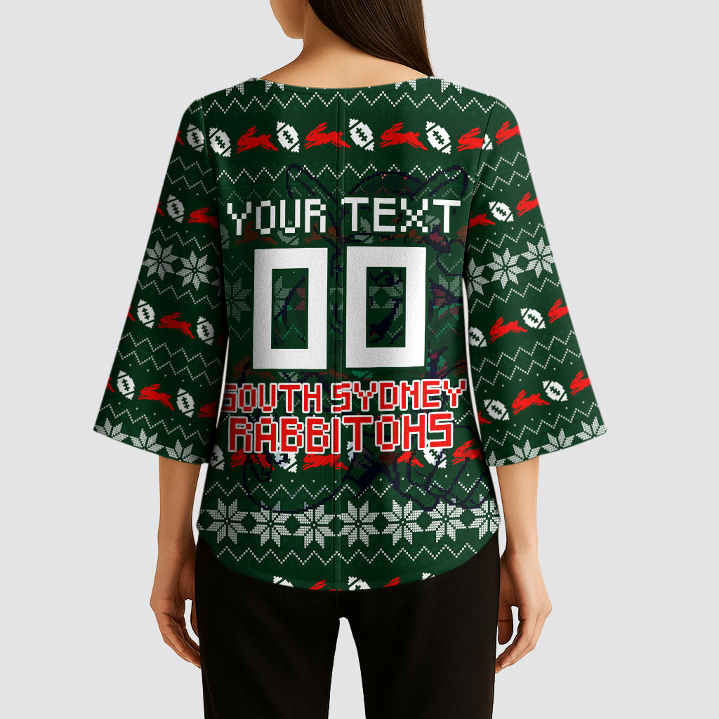 Personalized South Sydney Rabbitohs Christmas Kimono Sleeve Blouse Australian Rugby Fans - Pixelated Ugly Xmas Pattern Mascot Santa