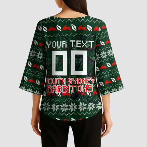 Personalized South Sydney Rabbitohs Christmas Kimono Sleeve Blouse Australian Rugby Fans - Pixelated Ugly Xmas Pattern Mascot Santa