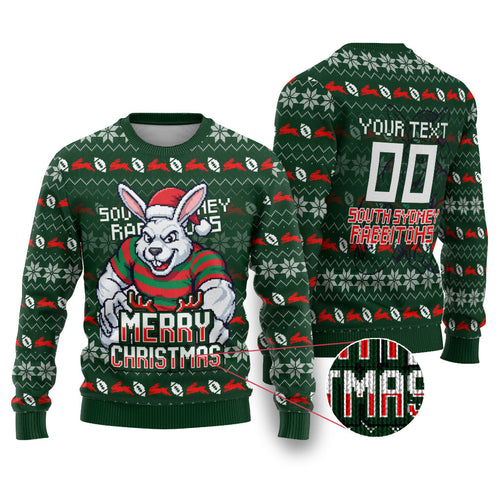 Personalized South Sydney Rabbitohs Christmas Ugly Christmas Sweater Australian Rugby Fans - Pixelated Ugly Xmas Pattern Mascot Santa