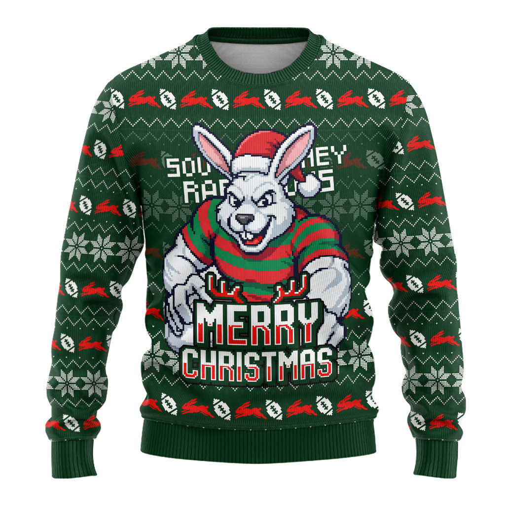 Personalized South Sydney Rabbitohs Christmas Ugly Christmas Sweater Australian Rugby Fans - Pixelated Ugly Xmas Pattern Mascot Santa