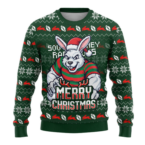 Personalized South Sydney Rabbitohs Christmas Ugly Christmas Sweater Australian Rugby Fans - Pixelated Ugly Xmas Pattern Mascot Santa