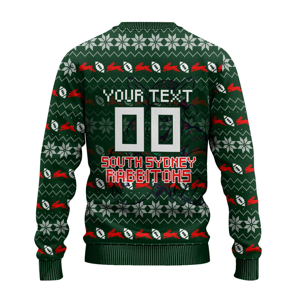 Personalized South Sydney Rabbitohs Christmas Ugly Christmas Sweater Australian Rugby Fans - Pixelated Ugly Xmas Pattern Mascot Santa