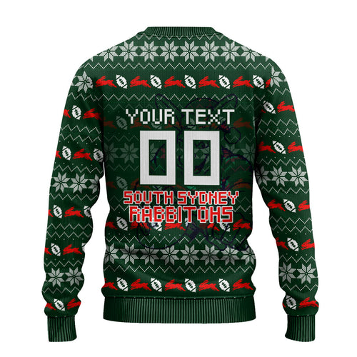 Personalized South Sydney Rabbitohs Christmas Ugly Christmas Sweater Australian Rugby Fans - Pixelated Ugly Xmas Pattern Mascot Santa