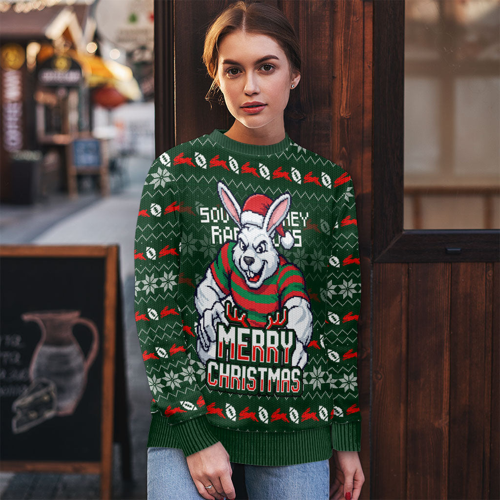 Personalized South Sydney Rabbitohs Christmas Ugly Christmas Sweater Australian Rugby Fans - Pixelated Ugly Xmas Pattern Mascot Santa