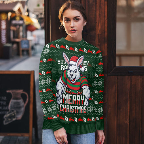 Personalized South Sydney Rabbitohs Christmas Ugly Christmas Sweater Australian Rugby Fans - Pixelated Ugly Xmas Pattern Mascot Santa