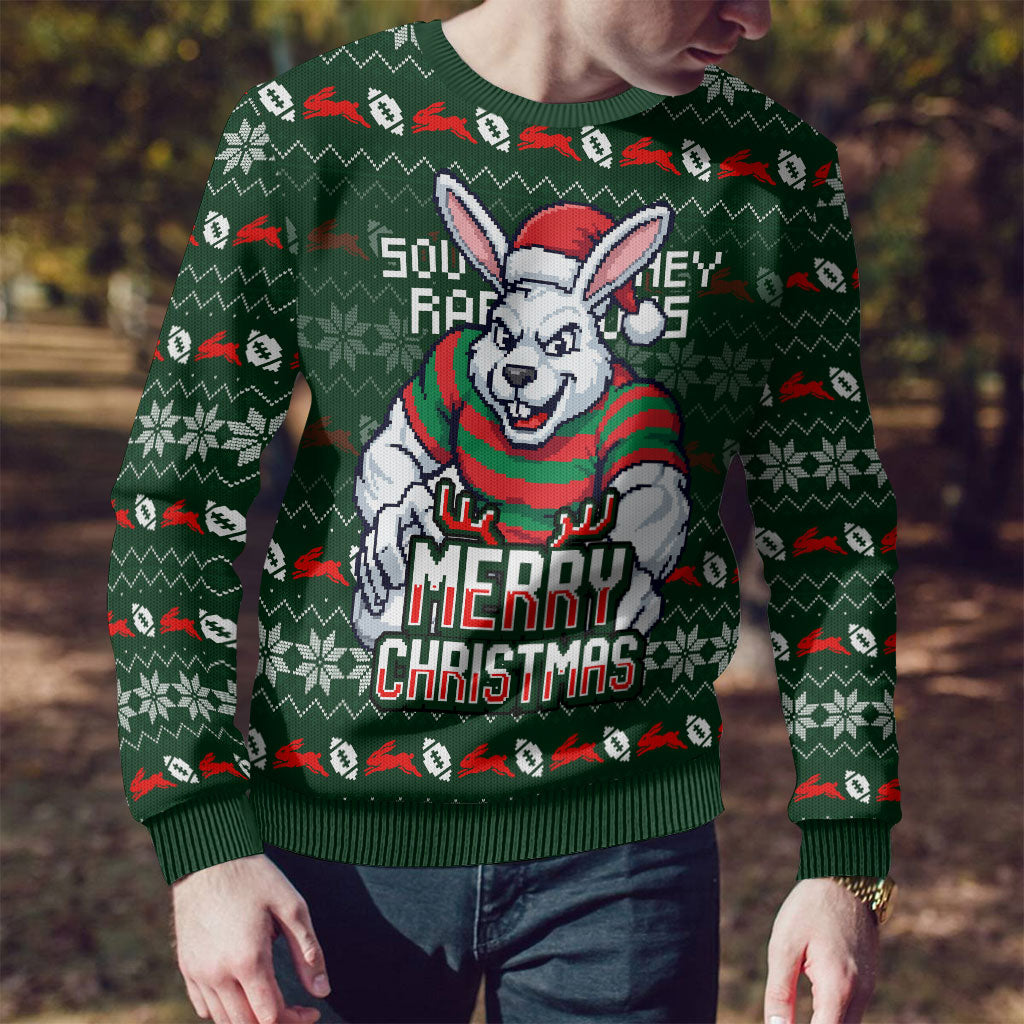 Personalized South Sydney Rabbitohs Christmas Ugly Christmas Sweater Australian Rugby Fans - Pixelated Ugly Xmas Pattern Mascot Santa