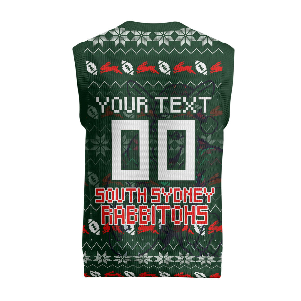 Personalized South Sydney Rabbitohs Christmas Knitted V-Neck Vest Australian Rugby Fans - Pixelated Ugly Xmas Pattern Mascot Santa