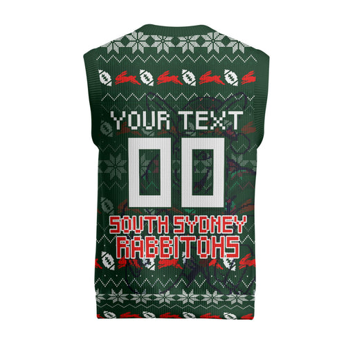 Personalized South Sydney Rabbitohs Christmas Knitted V-Neck Vest Australian Rugby Fans - Pixelated Ugly Xmas Pattern Mascot Santa