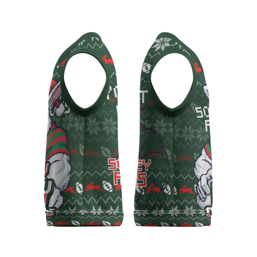Personalized South Sydney Rabbitohs Christmas Knitted V-Neck Vest Australian Rugby Fans - Pixelated Ugly Xmas Pattern Mascot Santa