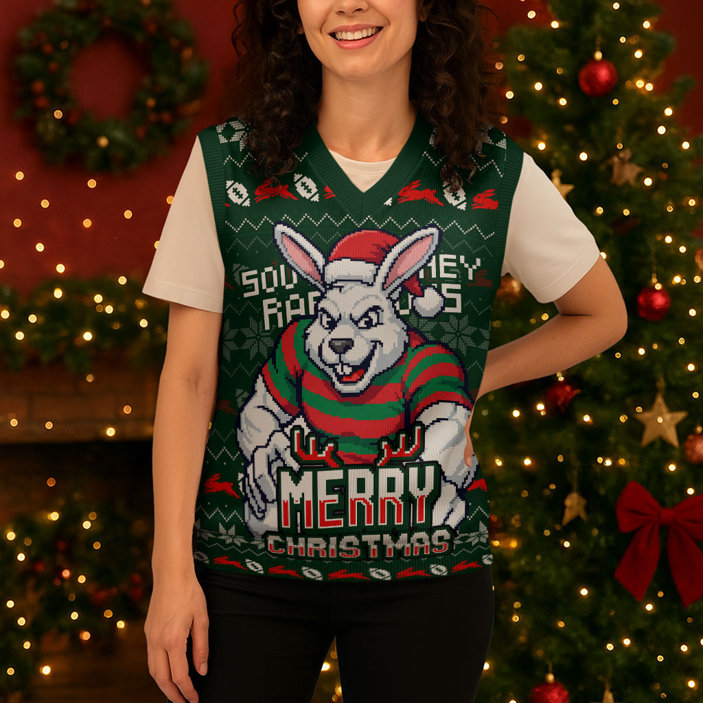 Personalized South Sydney Rabbitohs Christmas Knitted V-Neck Vest Australian Rugby Fans - Pixelated Ugly Xmas Pattern Mascot Santa