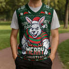 Personalized South Sydney Rabbitohs Christmas Knitted V-Neck Vest Australian Rugby Fans - Pixelated Ugly Xmas Pattern Mascot Santa