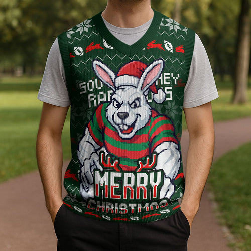 Personalized South Sydney Rabbitohs Christmas Knitted V-Neck Vest Australian Rugby Fans - Pixelated Ugly Xmas Pattern Mascot Santa
