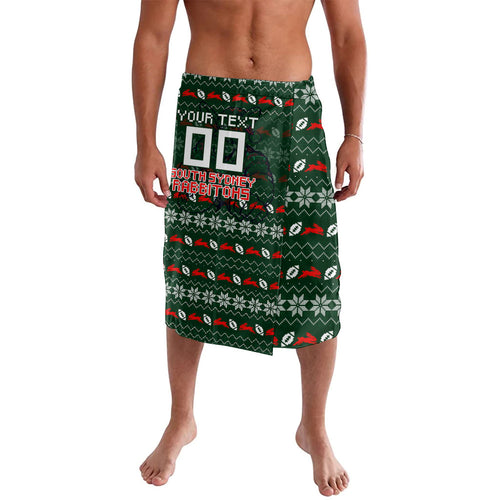 Personalized South Sydney Rabbitohs Christmas Lavalava Australian Rugby Fans - Pixelated Ugly Xmas Pattern Mascot Santa