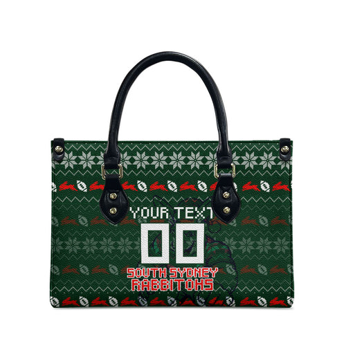 Personalized South Sydney Rabbitohs Christmas Leather Bag Australian Rugby Fans - Pixelated Ugly Xmas Pattern Mascot Santa