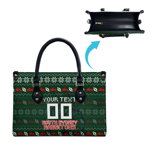Personalized South Sydney Rabbitohs Christmas Leather Bag Australian Rugby Fans - Pixelated Ugly Xmas Pattern Mascot Santa