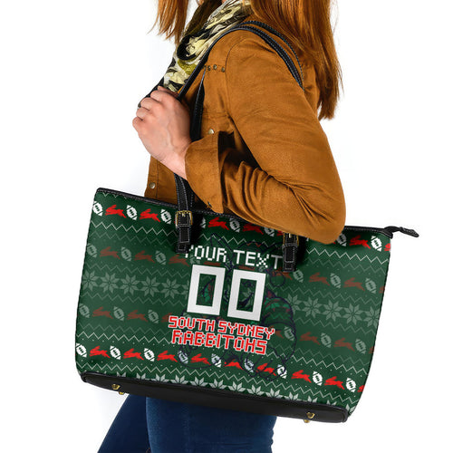 Personalized South Sydney Rabbitohs Christmas Leather Tote Bag Australian Rugby Fans - Pixelated Ugly Xmas Pattern Mascot Santa