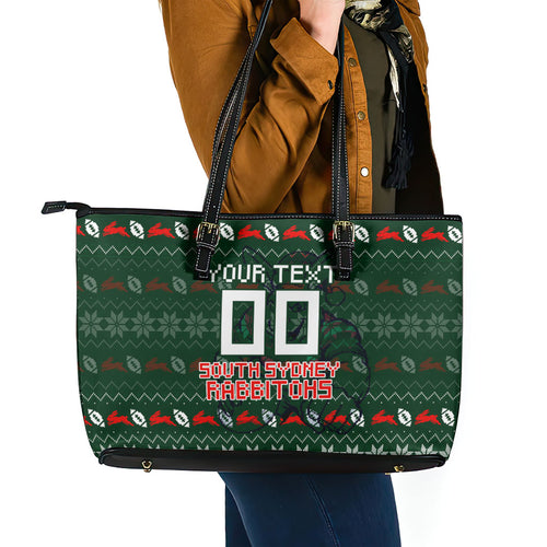Personalized South Sydney Rabbitohs Christmas Leather Tote Bag Australian Rugby Fans - Pixelated Ugly Xmas Pattern Mascot Santa