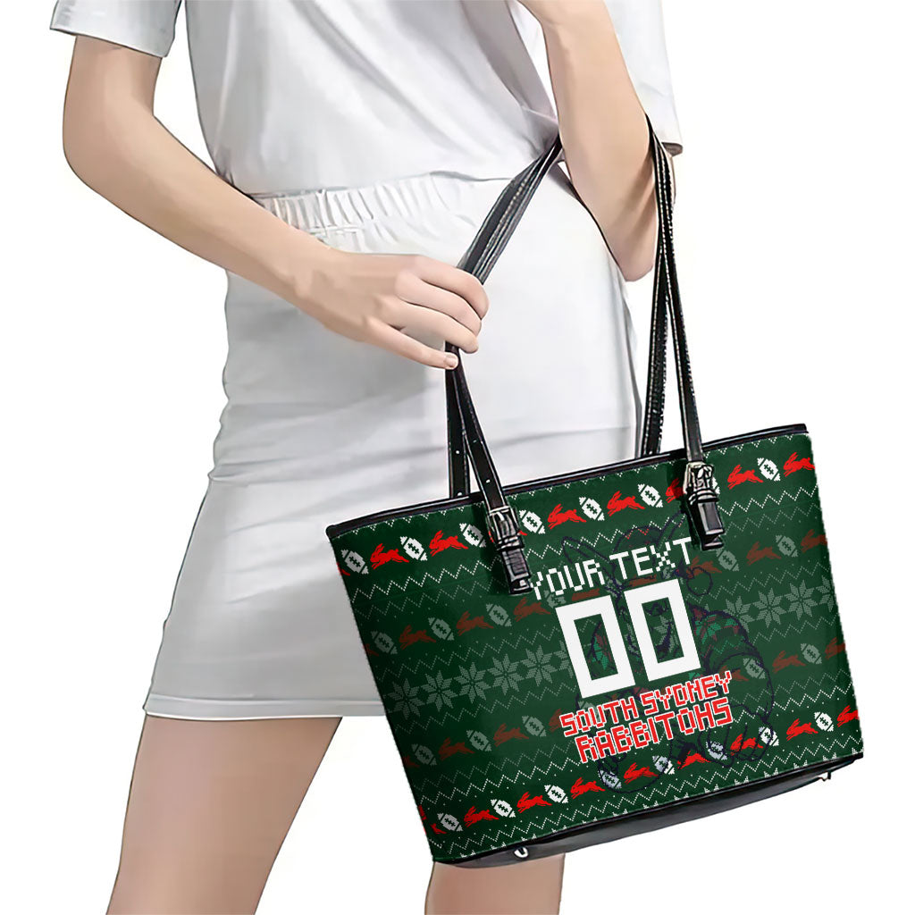 Personalized South Sydney Rabbitohs Christmas Leather Tote Bag Australian Rugby Fans - Pixelated Ugly Xmas Pattern Mascot Santa