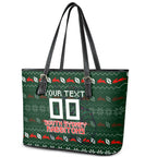 Personalized South Sydney Rabbitohs Christmas Leather Tote Bag Australian Rugby Fans - Pixelated Ugly Xmas Pattern Mascot Santa