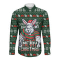 Personalized South Sydney Rabbitohs Christmas Long Sleeve Button Shirt Australian Rugby Fans - Pixelated Ugly Xmas Pattern Mascot Santa