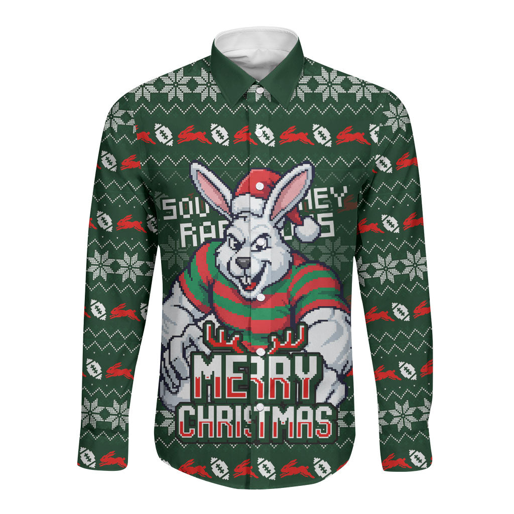 Personalized South Sydney Rabbitohs Christmas Long Sleeve Button Shirt Australian Rugby Fans - Pixelated Ugly Xmas Pattern Mascot Santa
