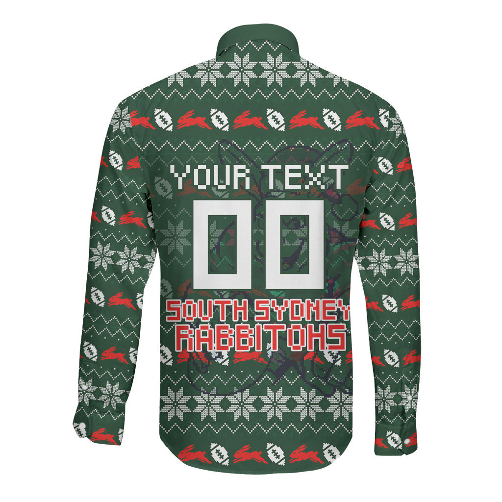 Personalized South Sydney Rabbitohs Christmas Long Sleeve Button Shirt Australian Rugby Fans - Pixelated Ugly Xmas Pattern Mascot Santa