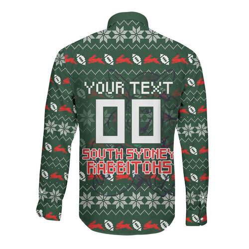 Personalized South Sydney Rabbitohs Christmas Long Sleeve Button Shirt Australian Rugby Fans - Pixelated Ugly Xmas Pattern Mascot Santa