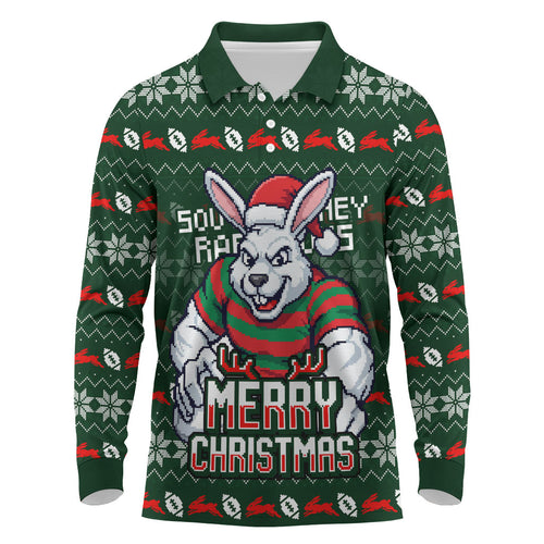 Personalized South Sydney Rabbitohs Christmas Long Sleeve Polo Shirt Australian Rugby Fans - Pixelated Ugly Xmas Pattern Mascot Santa