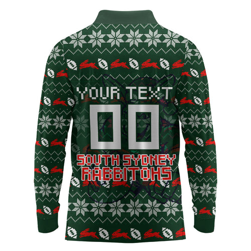 Personalized South Sydney Rabbitohs Christmas Long Sleeve Polo Shirt Australian Rugby Fans - Pixelated Ugly Xmas Pattern Mascot Santa
