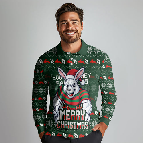 Personalized South Sydney Rabbitohs Christmas Long Sleeve Polo Shirt Australian Rugby Fans - Pixelated Ugly Xmas Pattern Mascot Santa