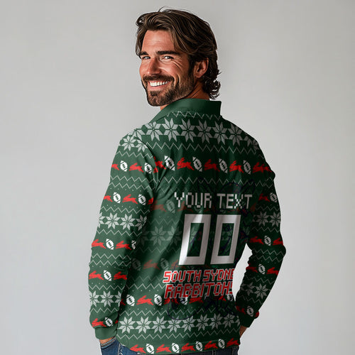 Personalized South Sydney Rabbitohs Christmas Long Sleeve Polo Shirt Australian Rugby Fans - Pixelated Ugly Xmas Pattern Mascot Santa